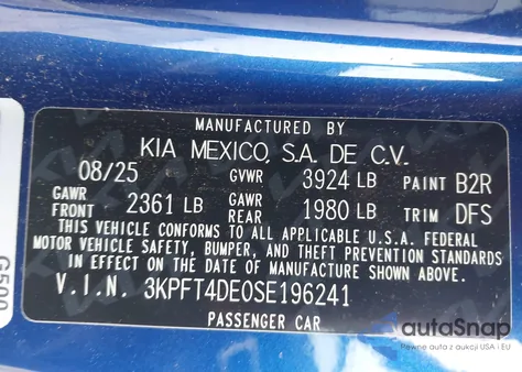2025 Kia K4 Lxs from USA, damaged, VIN 3KPFT4DE0SE196241